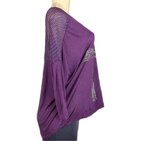 Estam L Purple Studded Cross Crew Neck Step-Hem Open Weave Back 3/4 Sleeve Top - Picture 3 of 6